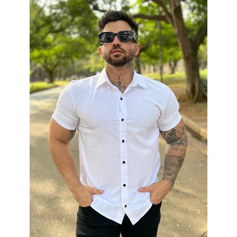 Camisa Social Lisa Masculina Manga Curta