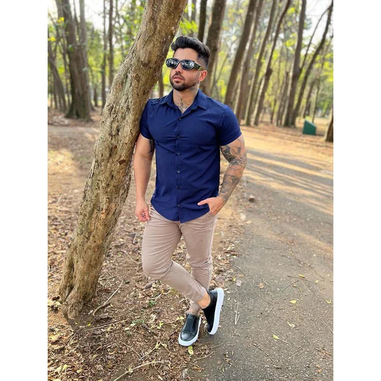 Camisa Social Lisa Masculina Manga Curta