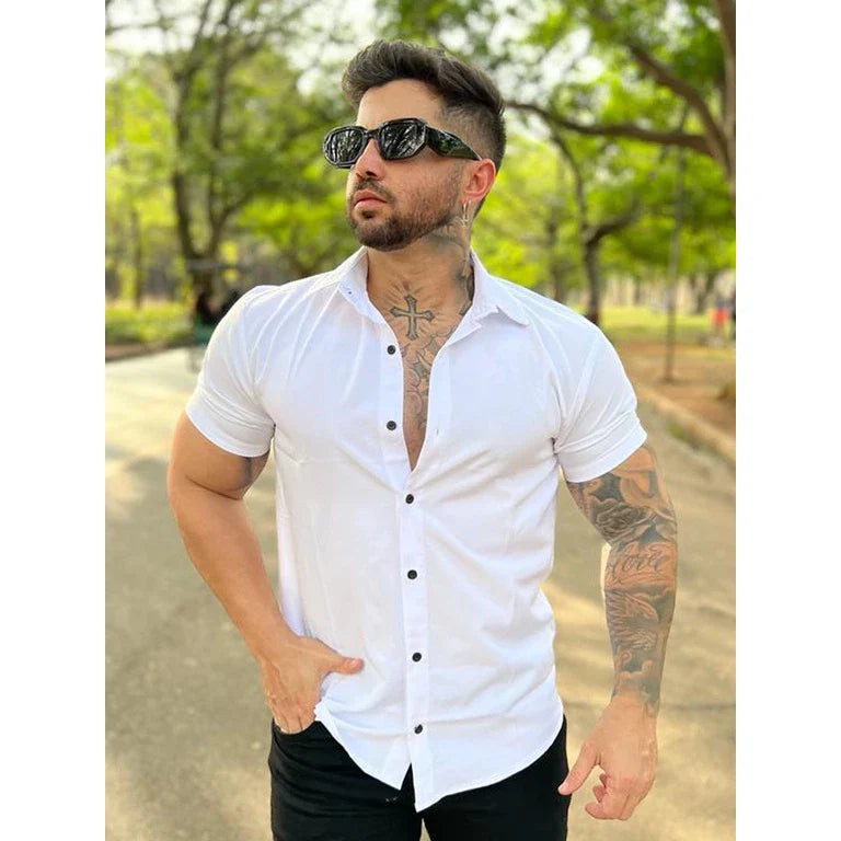 Camisa Social Lisa Masculina Manga Curta