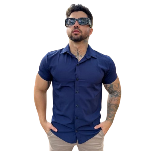 Camisa Social Lisa Masculina Manga Curta